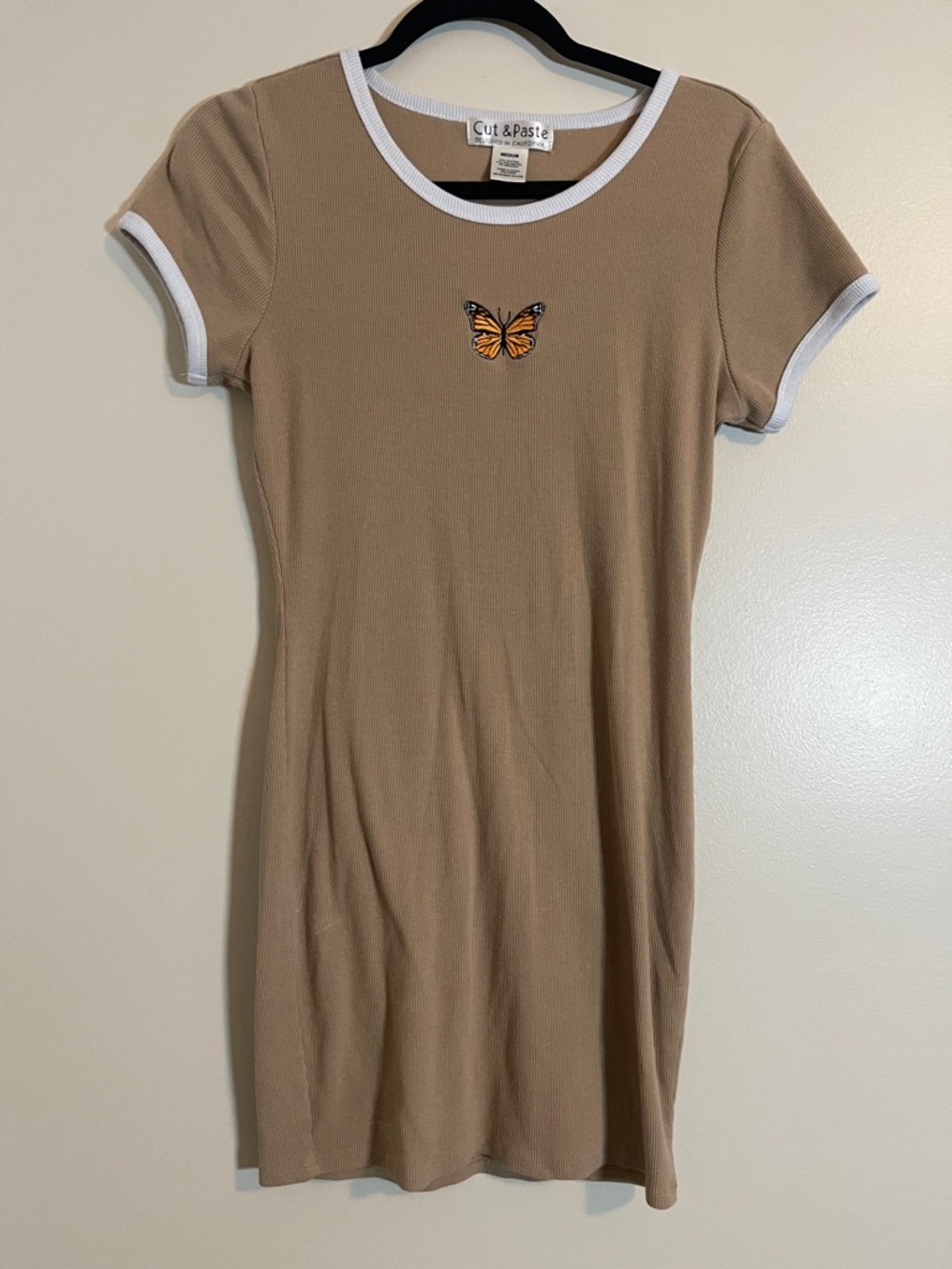 Cut & Paste Womens T-Shirt Dress Medium Tan Butterfly Bodycon Y2K Indie Twee